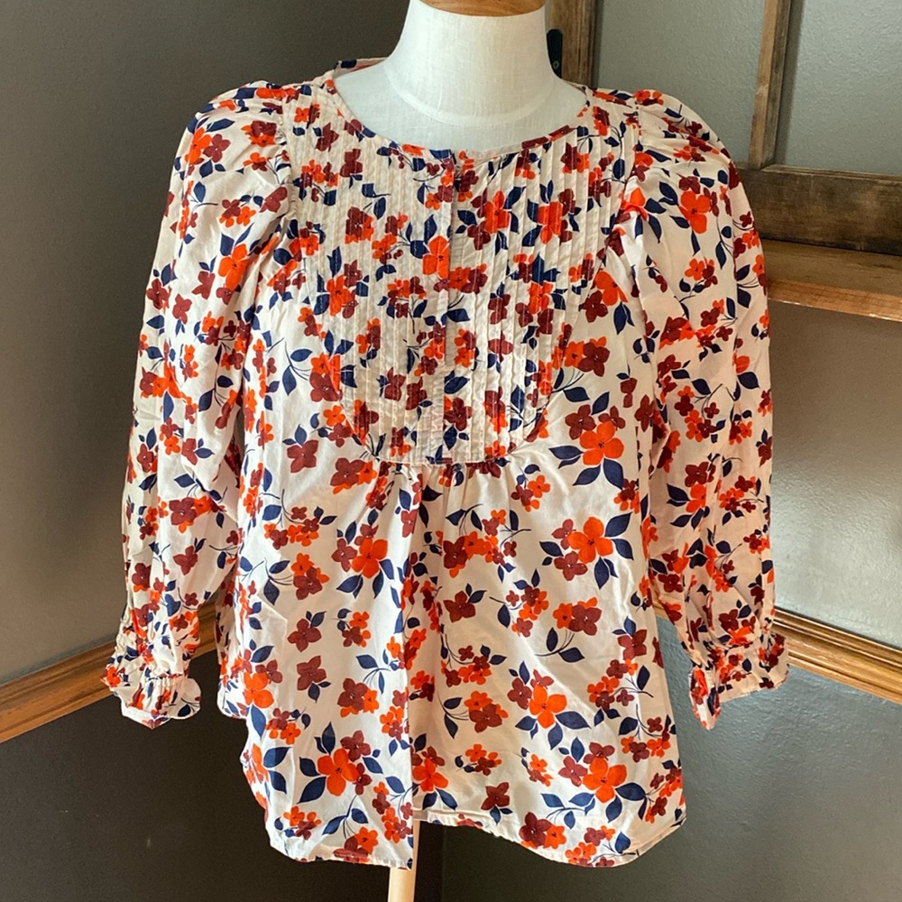 Elizabeth and James Floral Print Balloon Sleeve Pintuck Pleat Top size SP